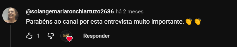 Depoimento no YouTube parabenizando o canal pela entrevista importante.