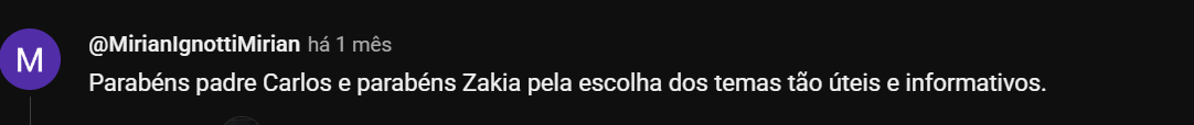 Depoimento no YouTube parabenizando Daniel Zákia pela escolha dos temas.